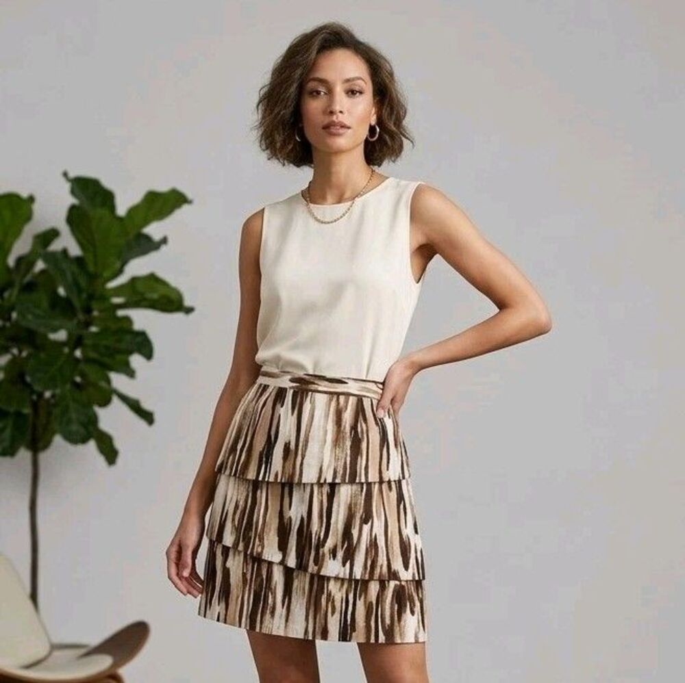 Adrienne Vittadini Linen Blend Tiered Skirt Size 8 Brown Beige Abstract A-line